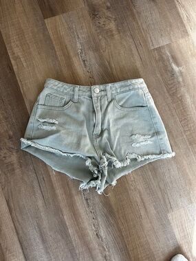 High-Rise Distressed Women's Denim Shorts - Sage Green